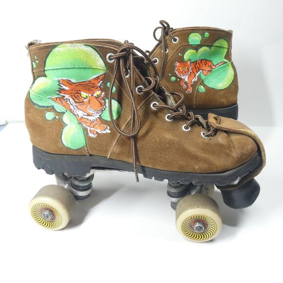 Leather Roller Skates Vintage Handpainted Tigers Sure Grip Super X7L Plates